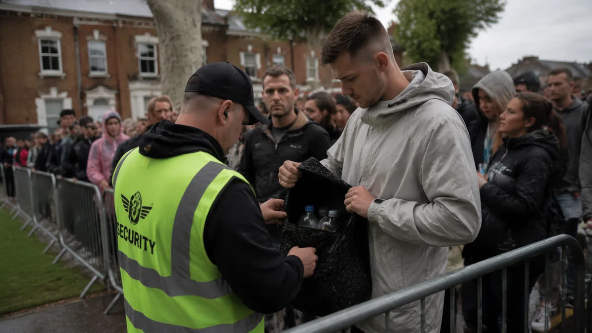 Security steward in hi-vis vest checking a visitor's open backpack at a temporary event entrance barrier, queue of attendees blurred behind.