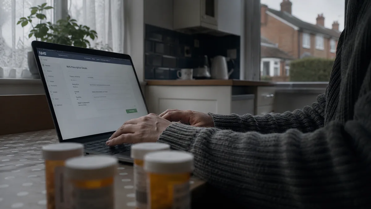 Anonymous person's hands typing on a laptop at a kitchen table, unmarked amber prescription containers blurred in the foreground, soft domestic light.