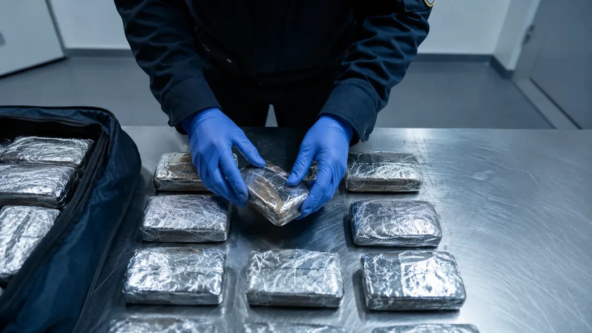Gloved hands arranging wrapped hashish bricks on a steel evidence table under harsh overhead light, no visible text or labels.