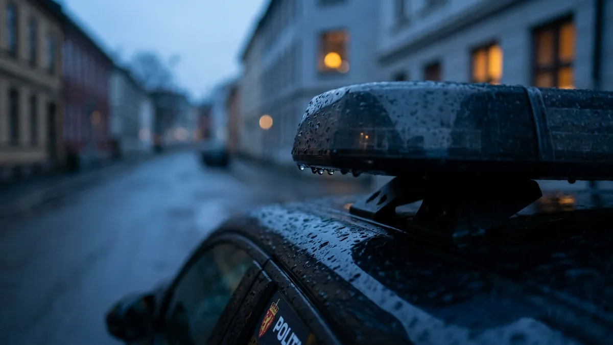 Unmarked police patrol car parked on a quiet Nordic residential street at dusk, wet cobblestones, no legible markings or faces.