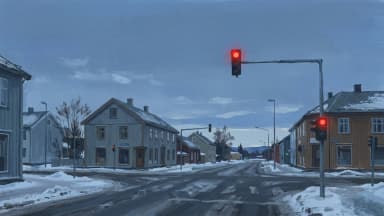 Gouache painting of a red traffic light glowing above an empty, snow-dusted intersection in a small Norwegian town at dusk. (VapeExperts/AI)