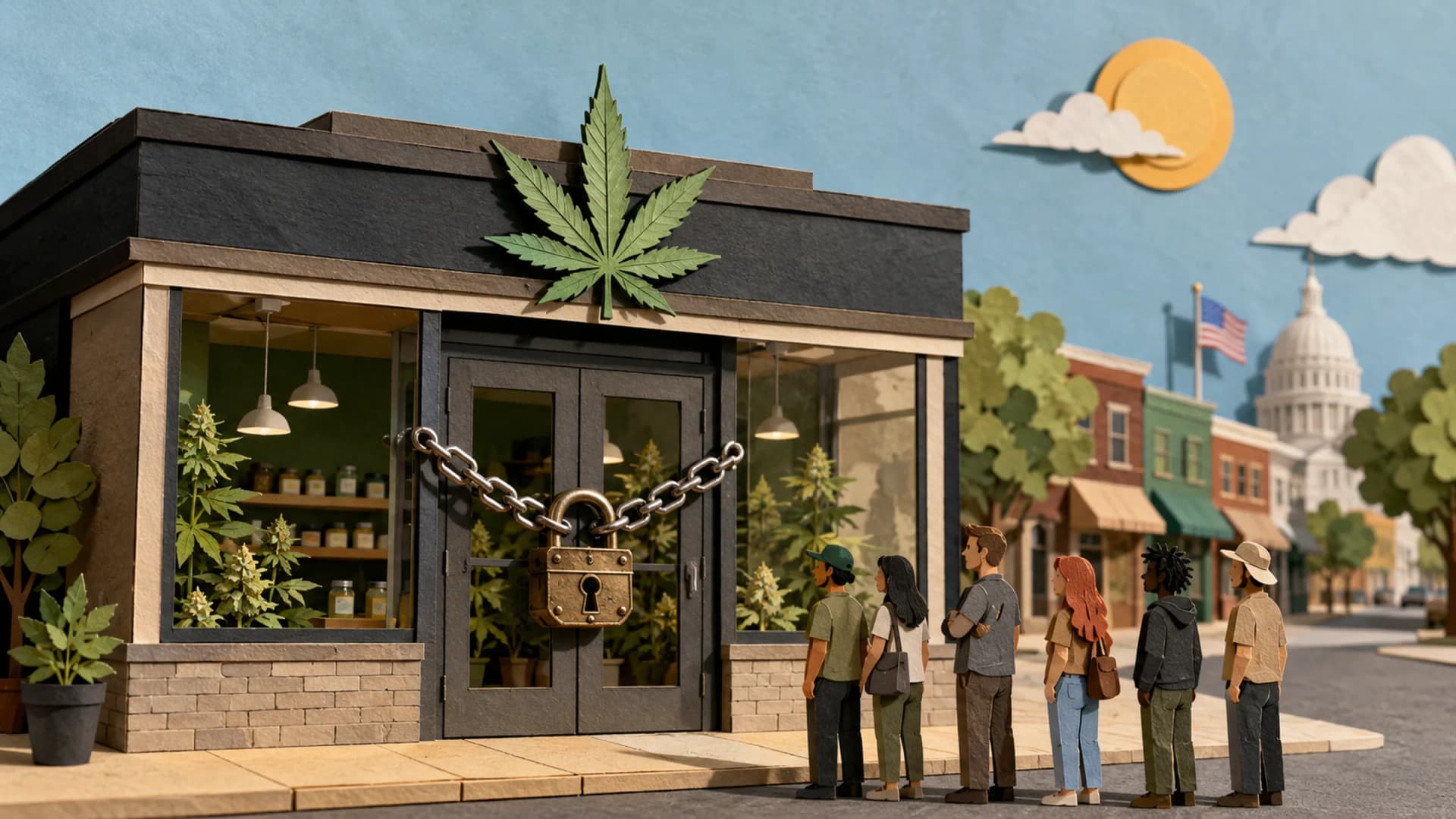 A cut-paper diorama of a modern glass-fronted dispensary on a sunny street, its door chained shut with a large antique padlock as small paper figures wait outside.