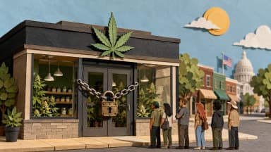 A cut-paper diorama of a modern glass-fronted dispensary on a sunny street, its door chained shut with a large antique padlock as small paper figures wait outside.