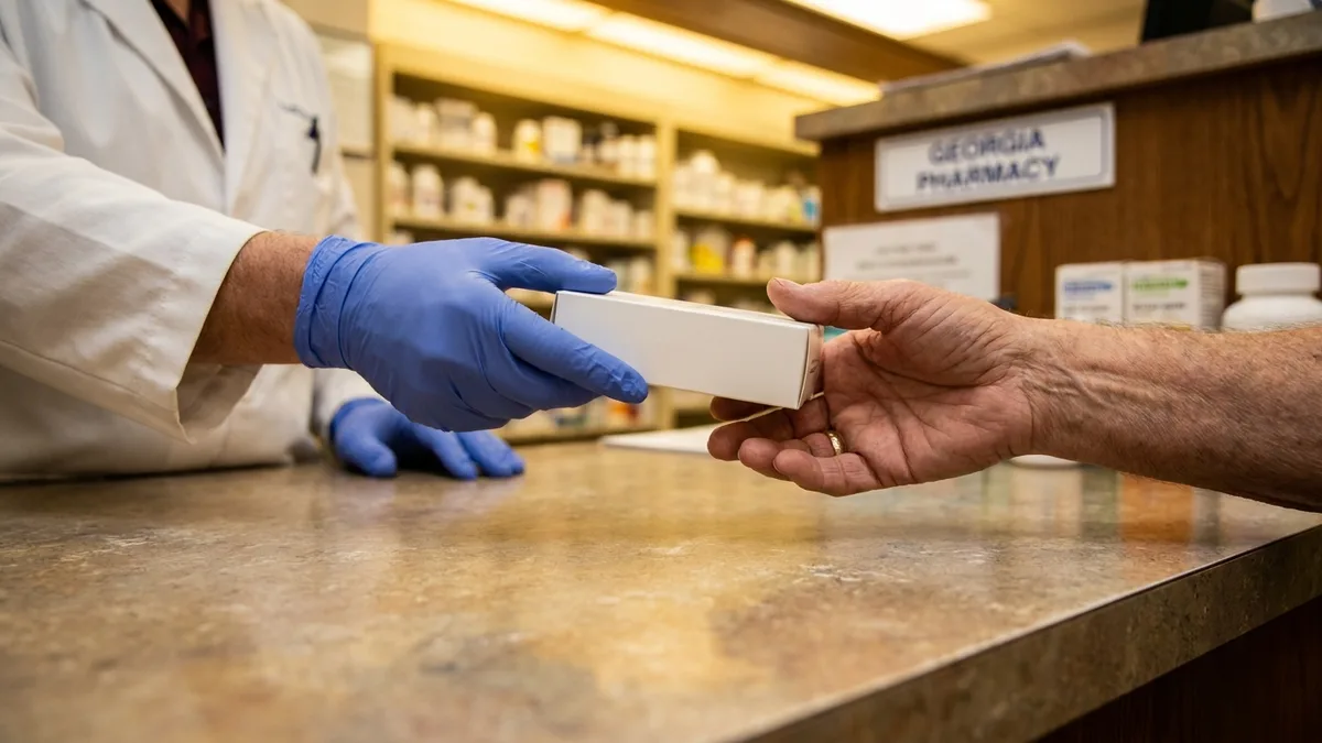 Interior of a small independent pharmacy: pharmacist in white coat reaching to a shelf of generic unmarked product boxes behind a counter, warm lighting.