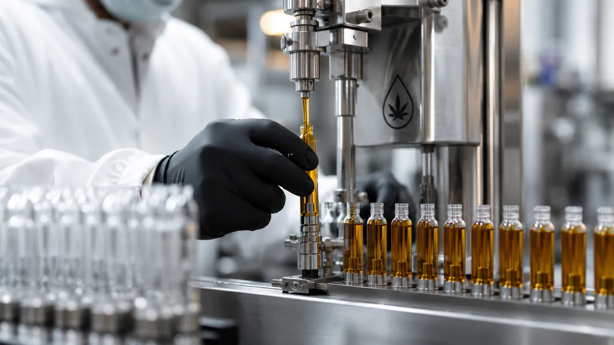 Gloved technician on a production line filling small unmarked pharmaceutical containers with cannabis oil, stainless equipment in background, labels turned away from camera.