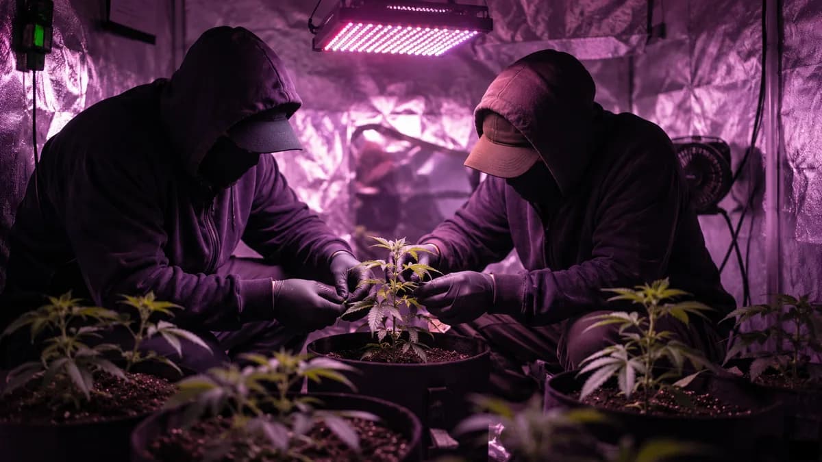 Two anonymous members of a small cultivation association tending young cannabis plants inside a modest grow tent under purple-pink LED light, hands adjusting a plant.