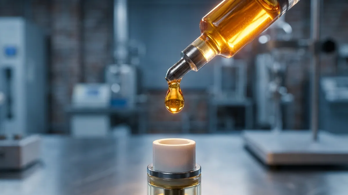 Macro of amber cannabis distillate being drawn into a blunt-tip syringe at an extraction lab bench, warm backlight, no visible labels.