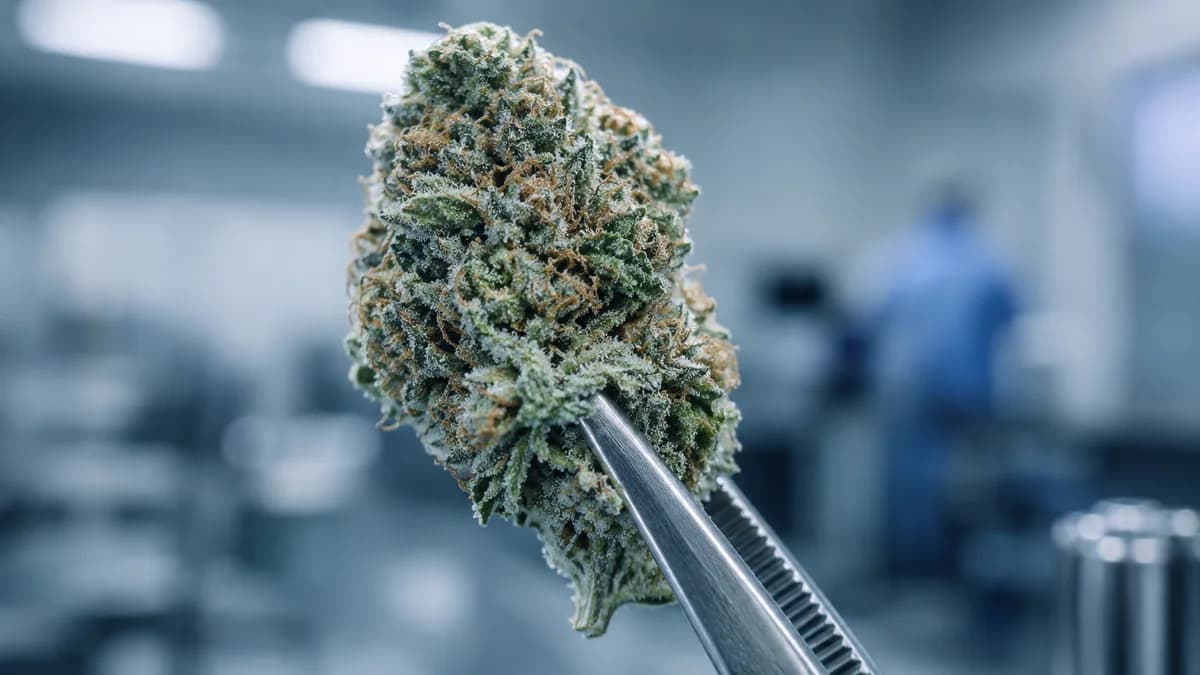 Extreme macro of a dense, trichome-frosted cannabis flower bud on a dark neutral background, crystals glinting under soft light, conveying high potency.