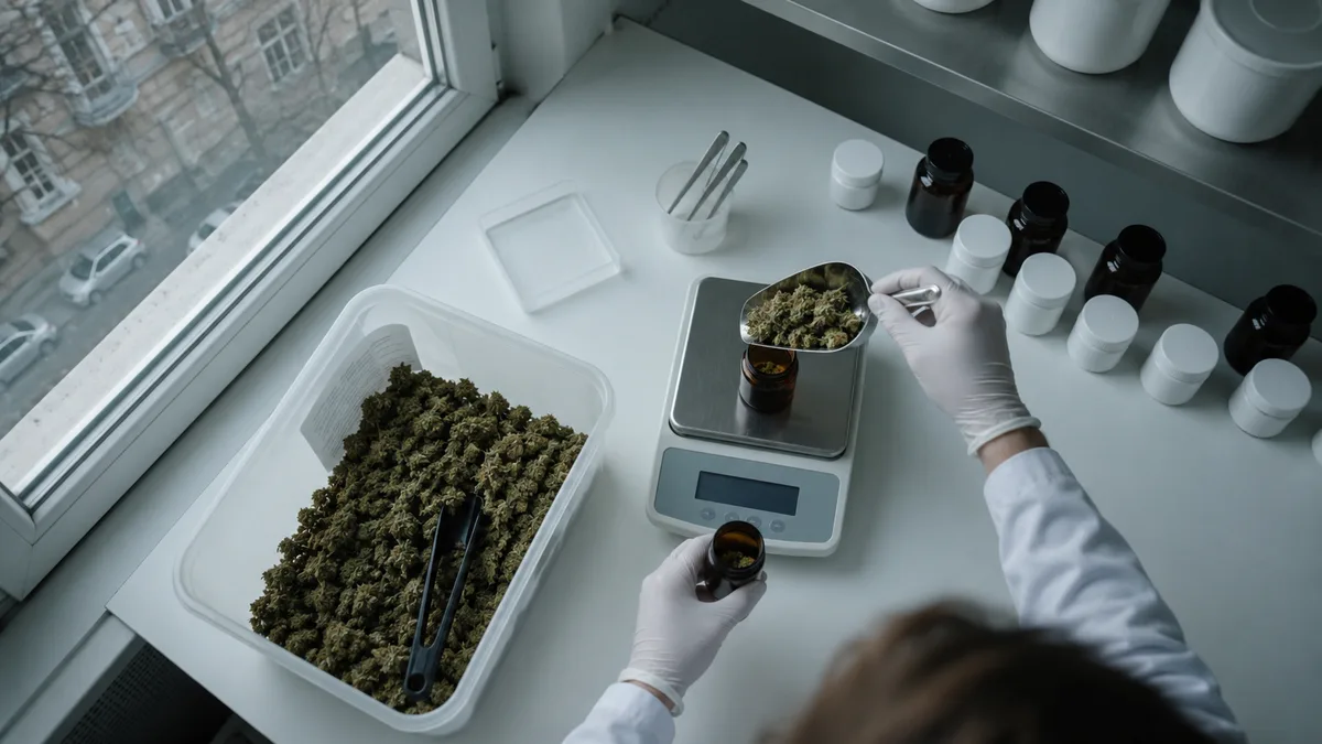 Overhead view of a German pharmacy back-room scale weighing loose dried cannabis flower into a small amber container, gloved hands in soft...