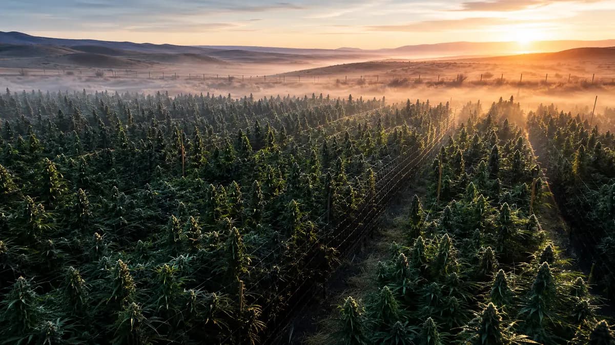 Rows of mature cannabis plants in an outdoor bulk crop field at dawn, low mist, no people, emphasizing crops left in Schedule I.