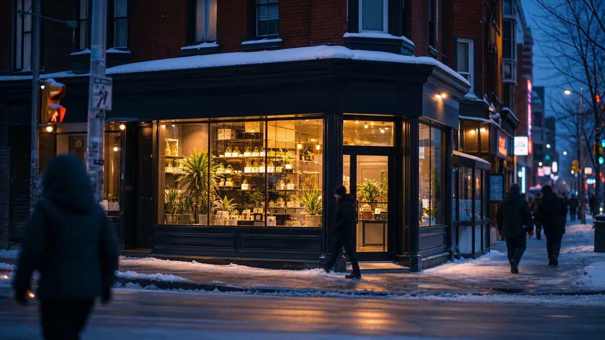 Exterior of a cannabis retail shop at evening, glowing window display and blurred neon accents, pedestrians passing, no legible signage in focus.