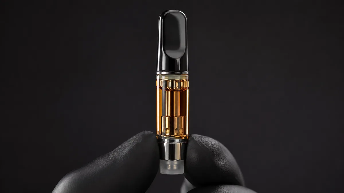 A single unmarked prefilled THC vape cartridge held between gloved fingertips against a dark neutral background, amber oil catching the light.