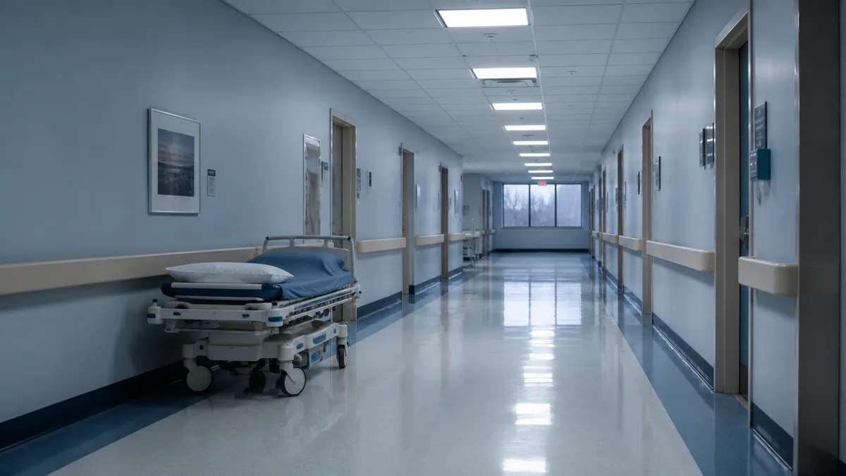 Empty American hospital corridor with a parked gurney and fluorescent lighting, conveying the clinical claims-data setting of psychosis diagnoses.