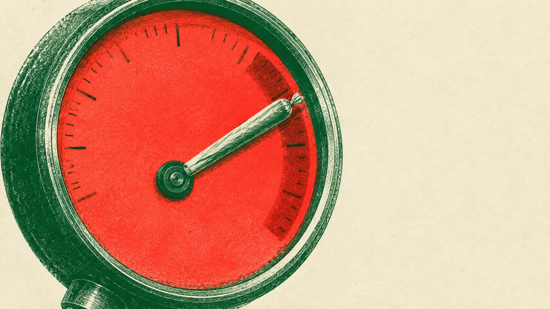Risograph-style illustration of a large round pressure gauge whose needle is a pre-rolled joint pointing deep into a red zone, printed in grainy green and fluorescent red inks. (VapeExperts/AI)