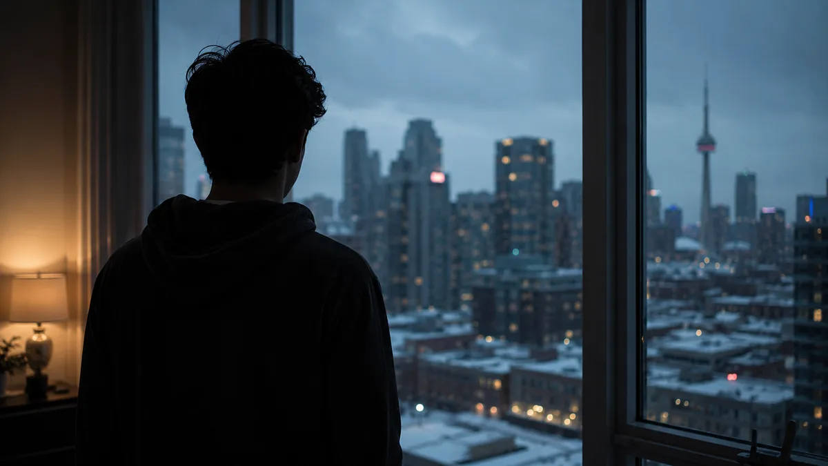 Anonymous young man in his early twenties silhouetted against an apartment window at dusk, back to camera, moody low light.