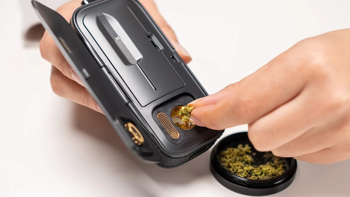 A person's fingers place a pinch of ground herb into the gold chamber of a black AirVape Legacy Pro 2 vaporizer above a grinder on a white table. | VapeExperts