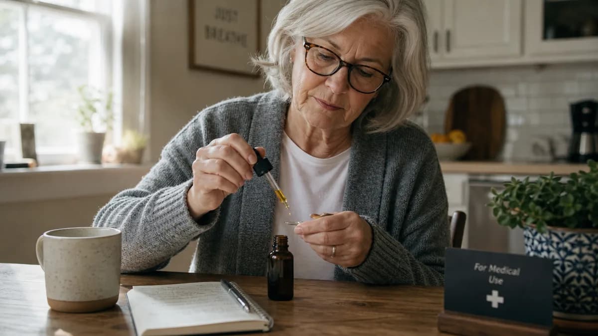 An older patient at a kitchen table dispensing cannabis oil from an unlabeled dropper bottle, soft morning light, medical-use context.