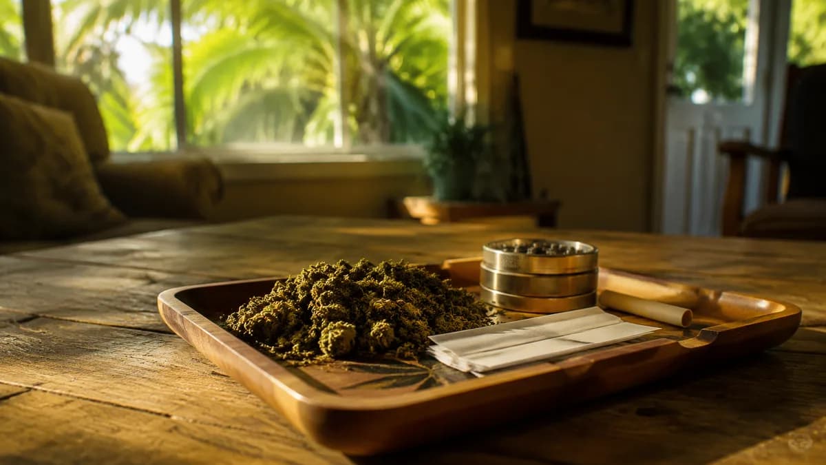 Rolling tray on a wooden table with ground flower, papers, and a grinder in soft window light, evoking the adult-use market excluded from the listing.