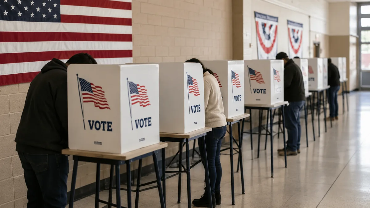 Row of voting booths with privacy dividers in a community hall polling place, American flag detail, anonymous voter silhouettes.