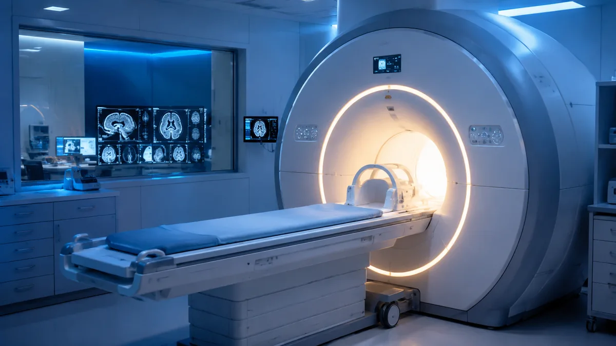 MRI scanner in a research imaging suite, bore illuminated, patient table extended, evoking the brain-imaging pain studies described in the section.