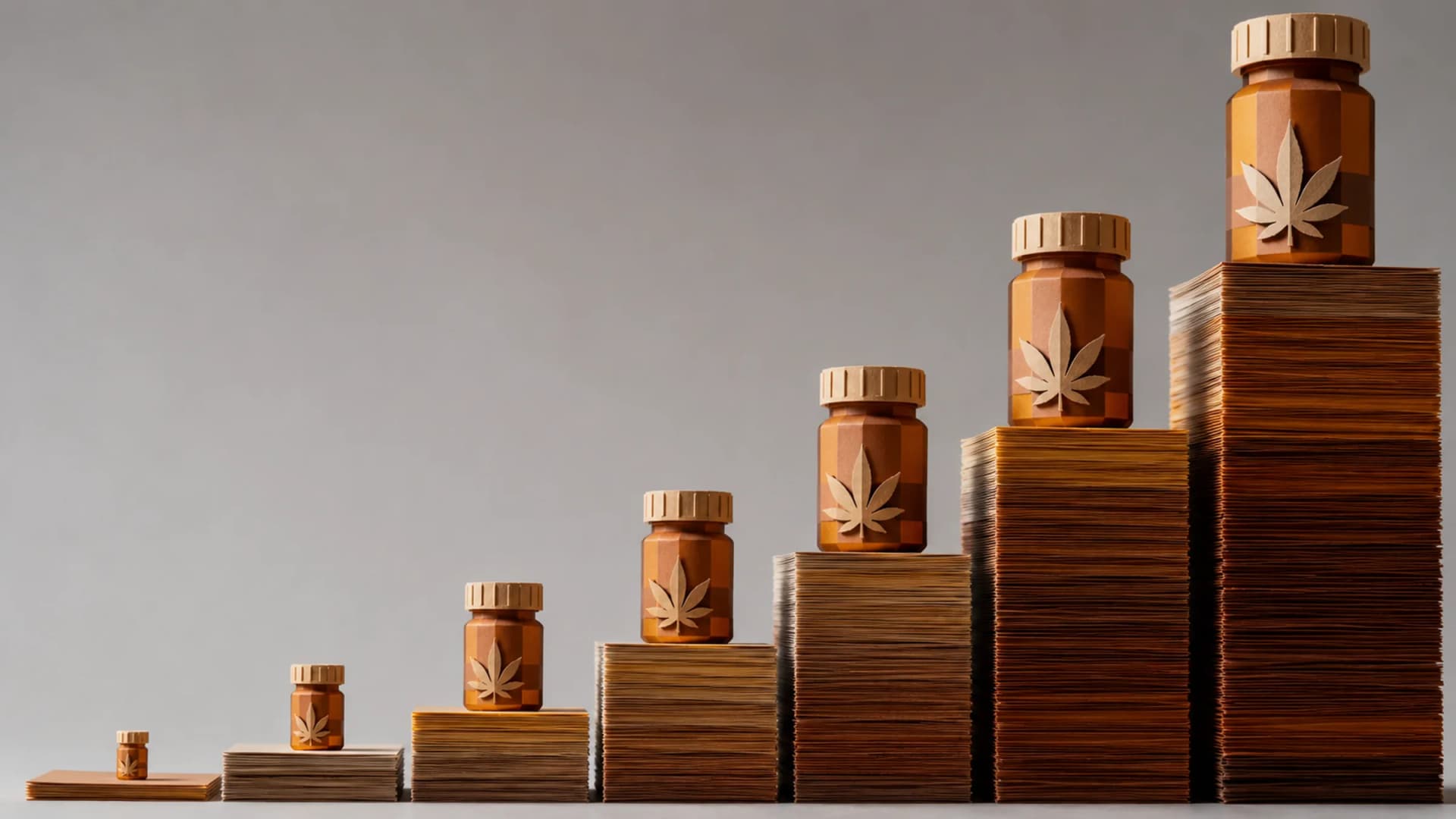A cut-paper diorama of amber medicine bottles stacked as a steep staircase rising left to right against a pale grey background. (VapeExperts/AI)