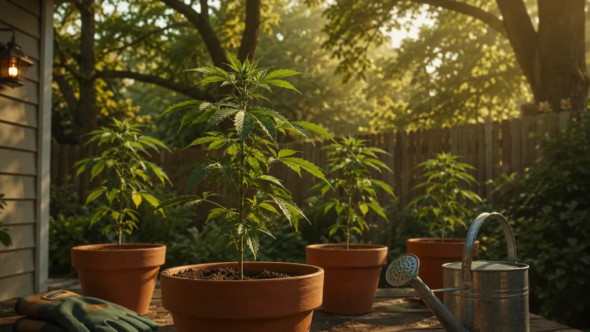 Four young cannabis plants in pots on a private backyard patio behind a wooden fence, garden gloves and watering can nearby, out of public view.