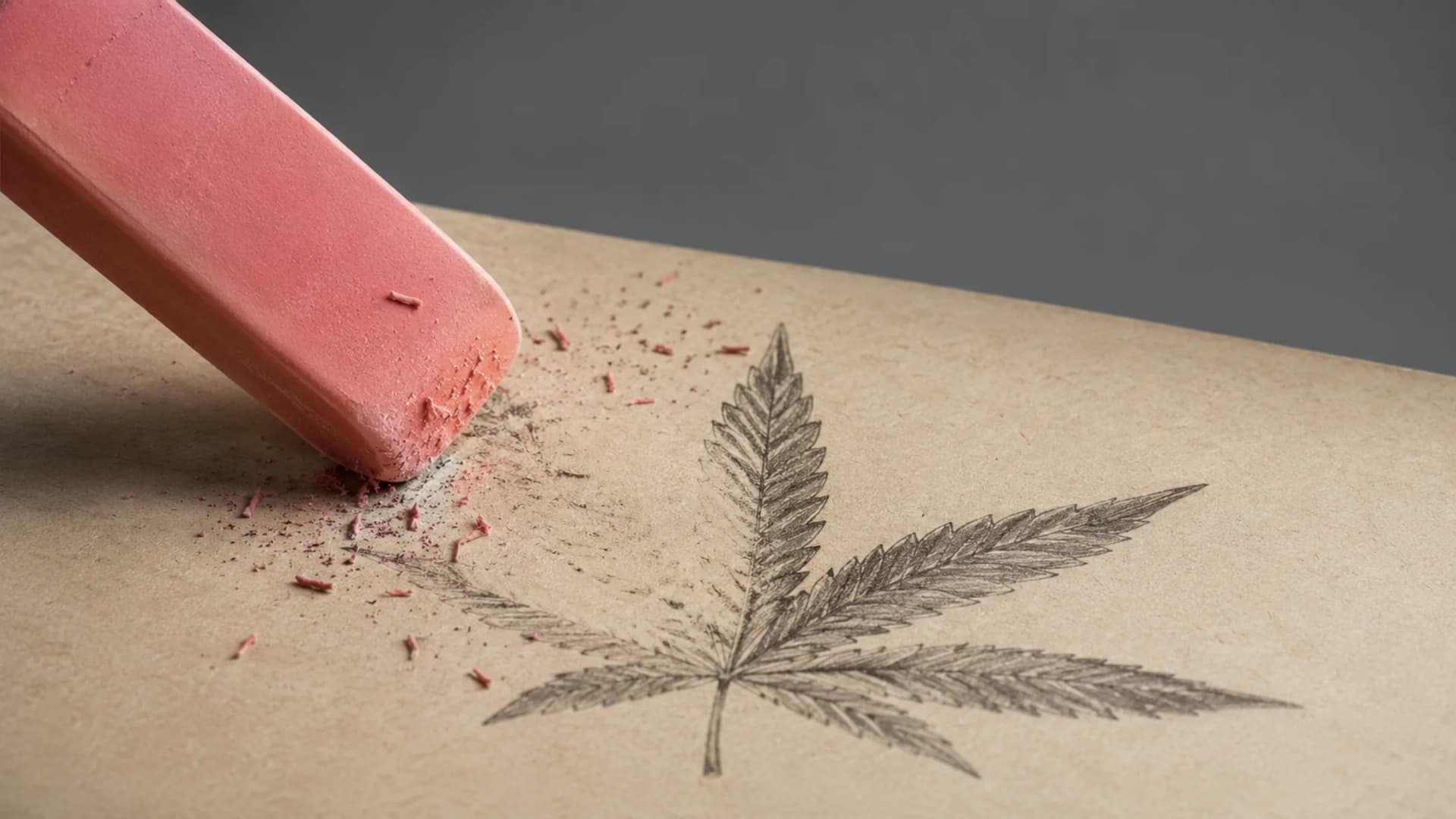 A pink rubber eraser rubs away half of a pencil-drawn cannabis leaf, leaving curled eraser shavings on the paper. (VapeExperts/AI)