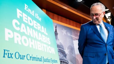 Senate Majority Leader Chuck Schumer, D-N.Y., holds a news conference to introduce a draft of the Cannabis Administration and Opportunity Act at the Capitol on July 14, 2021. Democrats are reviving the full legalization push in response to Trump's Schedule III move. (Bill Clark/CQ Roll Call/Newscom)
