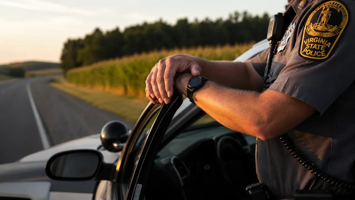 A trooper's hands resting on the open driver's door of a patrol car at a highway pull-off in central Virginia, radio microphone clipped...