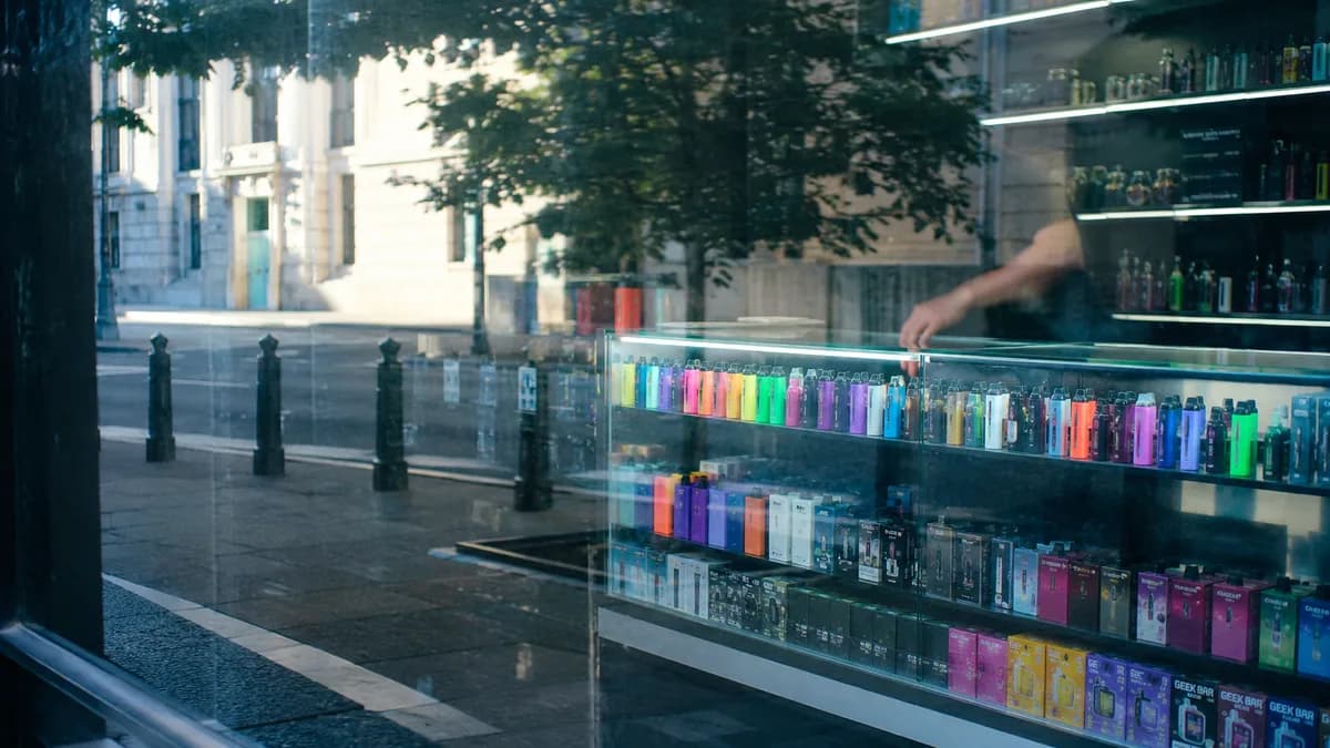 Glass retail counter with rows of brightly colored disposable vape devices displayed under case lighting, no legible branding, budtender's hands out of focus behind.