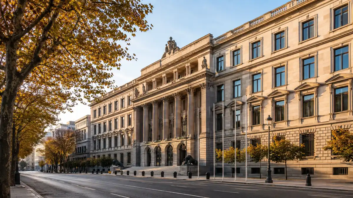Wide exterior shot of a stately government-style office building in central Madrid, Spain, with neoclassical stone facade, tall windows,...