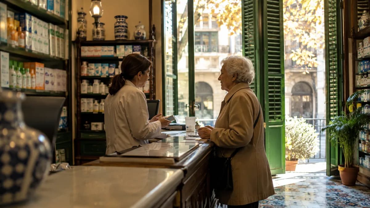 Interior of a Spanish community pharmacy in Barcelona, a pharmacist's hands in soft focus consulting behind a counter while an elderly...