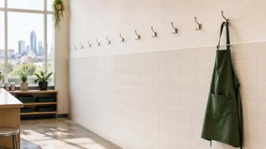 A single green work apron hangs on the last hook in a row of empty steel hooks on a tiled dispensary staff room wall. (VapeExperts/AI)