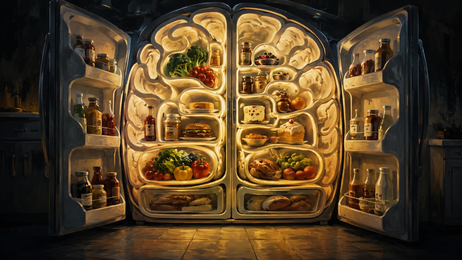 Gouache illustration of an open refrigerator whose interior shelves are shaped like the folds of a human brain, glowing with warm golden light in a dark kitchen.