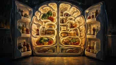 Gouache illustration of an open refrigerator whose interior shelves are shaped like the folds of a human brain, glowing with warm golden light in a dark kitchen.