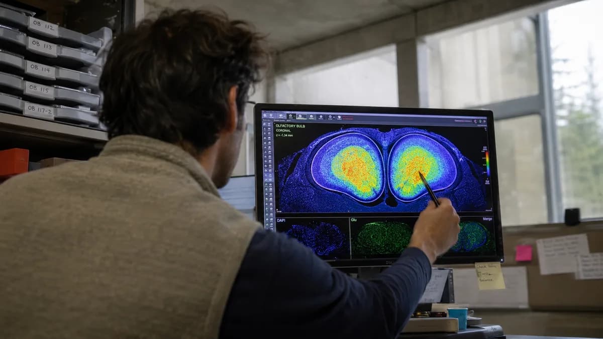 SHOT + MOMENT: A researcher seen only from behind in a faded fleece vest leans toward a monitor displaying a colorful false-color heat map...
