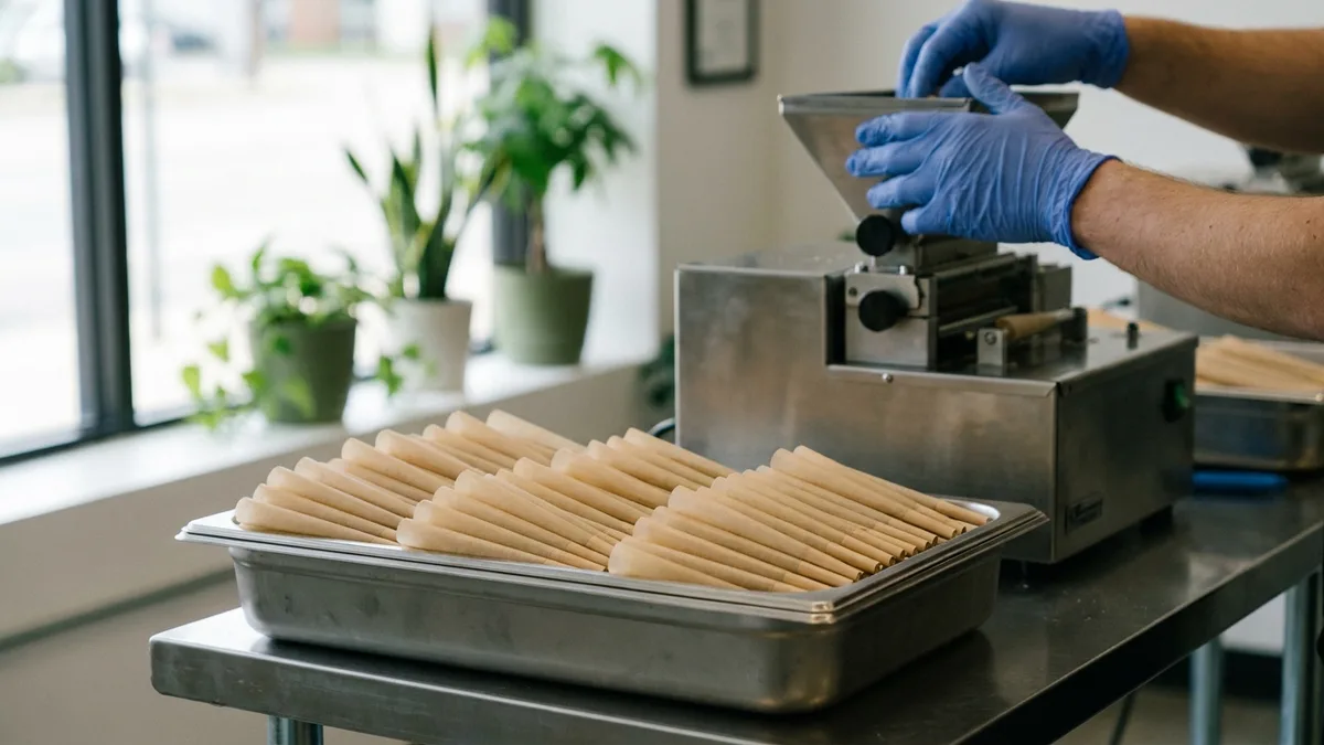 Automated pre-roll production machine filling rows of paper cones on a stainless manufacturing line, gloved technician monitoring the output.
