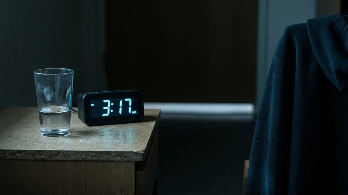 Dimly lit bedroom at night with rumpled sheets and a glowing bedside clock, conveying restless insomnia atmosphere