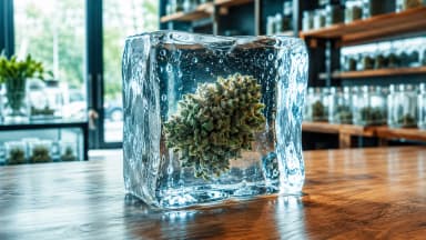 A trimmed cannabis flower encased in a clear block of ice on a wooden dispensary counter, with blurred stocked shelves in the background. (VapeExperts/AI)