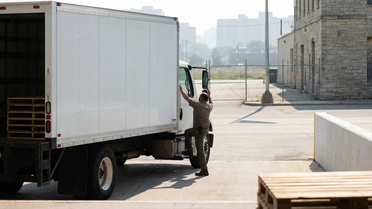 A commercial box truck driver doing a walk-around pre-trip inspection at a daytime loading dock, hand on the cab mirror, face turned away.