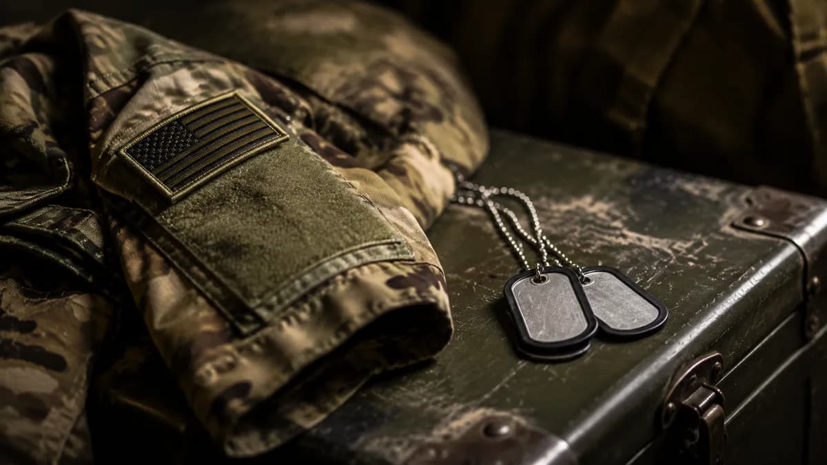 Close-up of a camouflage military uniform sleeve and dog tags laid on a footlocker, shallow depth of field, no legible name tapes.