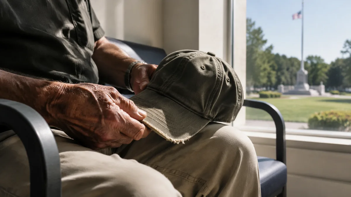 Weathered older hands holding a faded military veteran ball cap in a lap, seated in a plain waiting-room chair, no readable embroidery.
