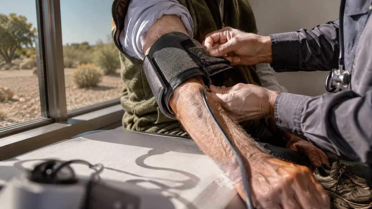 Clinician's hands wrapping a blood pressure cuff around an older patient's arm in a bright exam room, faces out of frame.