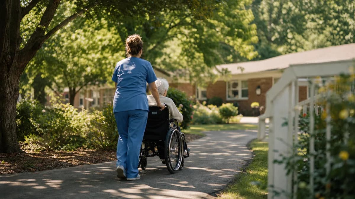 Caregiver pushing an elderly person in a wheelchair along a leafy garden path, seen from behind, warm afternoon light