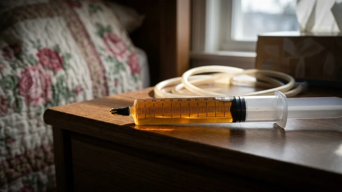 Bedside table with enteral feeding tube syringe and coiled tubing beside a folded blanket, soft daylight, home hospice setting