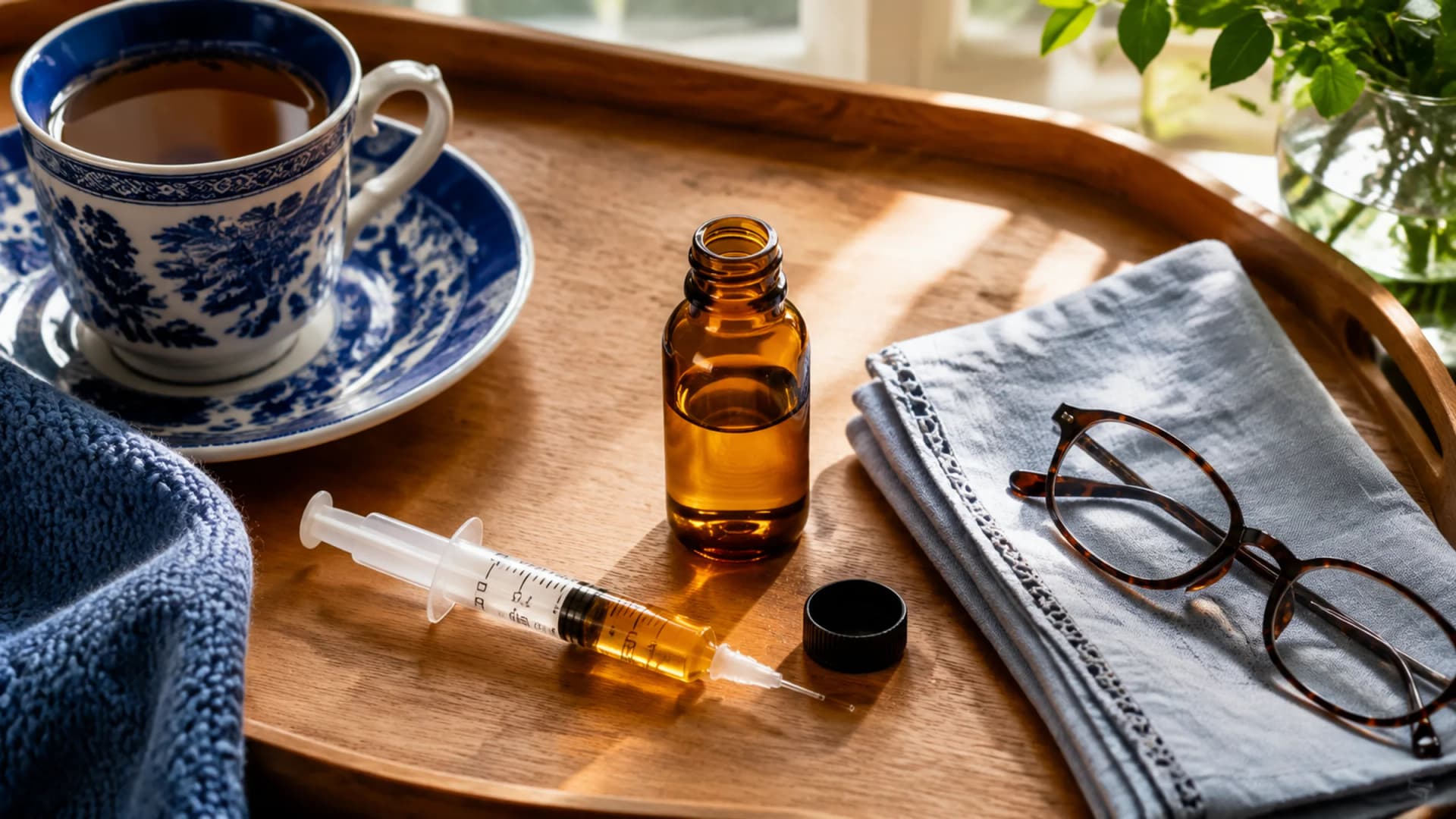 An oral syringe filled with golden oil sits beside an open amber bottle on a wooden tray with a blue-and-white teacup, folded napkin, and reading glasses in bright morning light. (VapeExperts/AI)