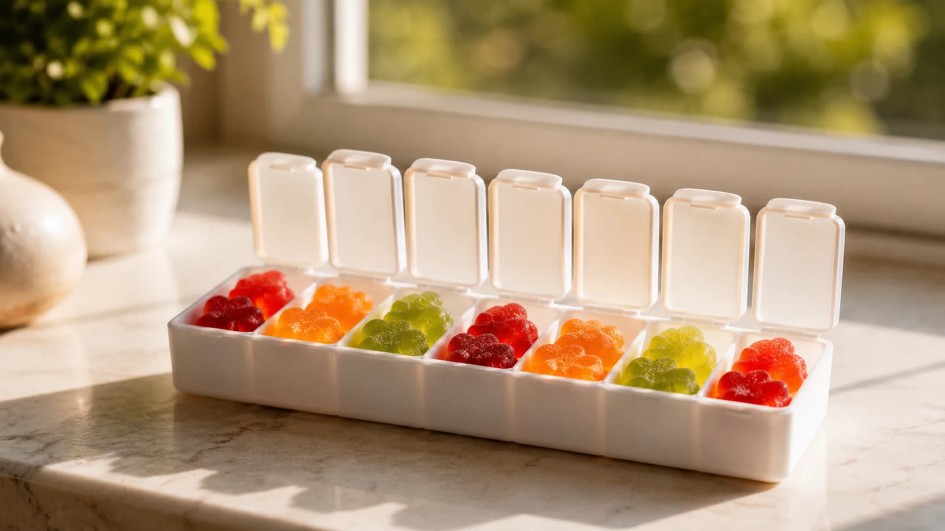A weekly pill organizer with all seven compartments open, each filled with colorful cannabis gummies, sitting on a sunlit kitchen windowsill. (VapeExperts/AI)