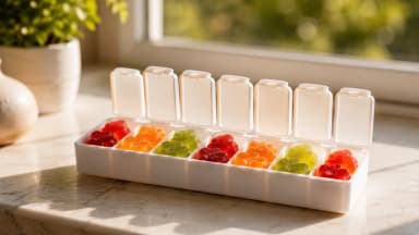 A weekly pill organizer with all seven compartments open, each filled with colorful cannabis gummies, sitting on a sunlit kitchen windowsill. (VapeExperts/AI)