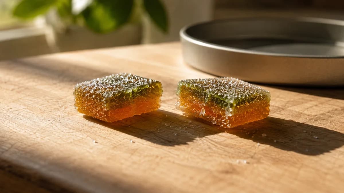 Macro of dose-scored cannabis gummy squares, one broken in half along the score line, laid out on a neutral surface next to unmarked packaging.