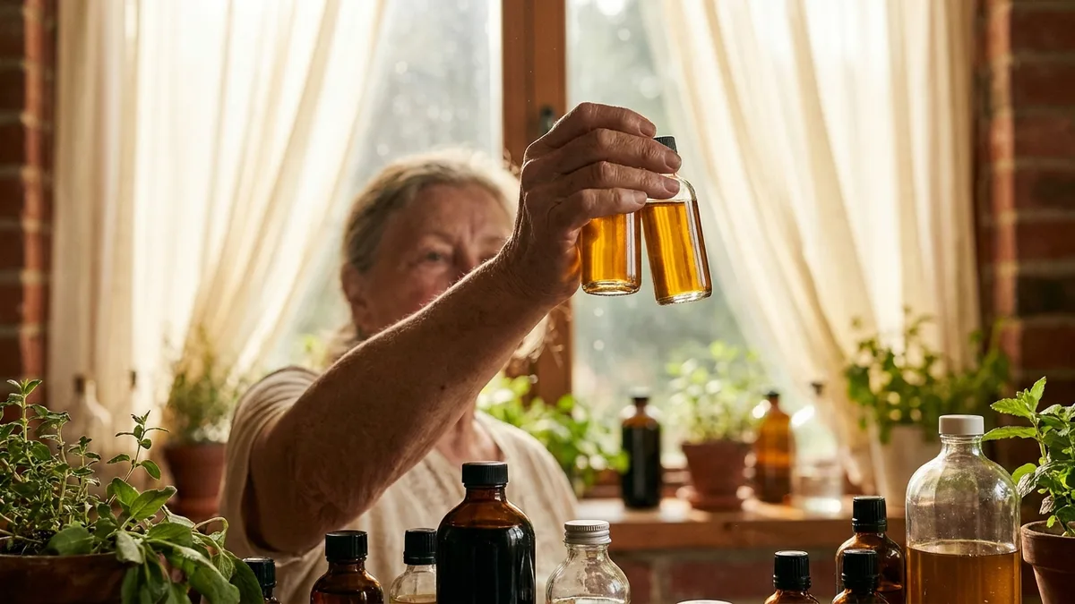 Over-the-shoulder view of an older customer browsing a dispensary shelf of assorted unmarked products, shallow depth of field, no readable text